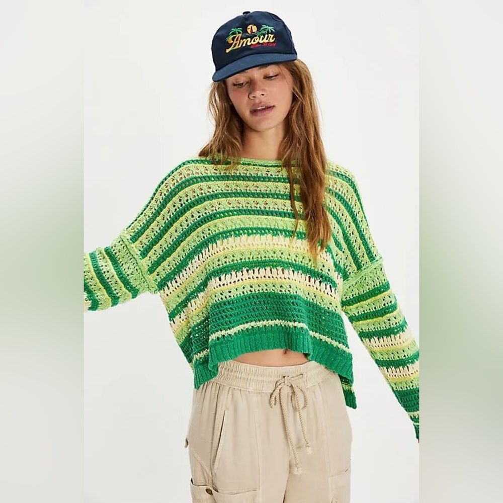 Free People Green and Yellow Striped Sweater